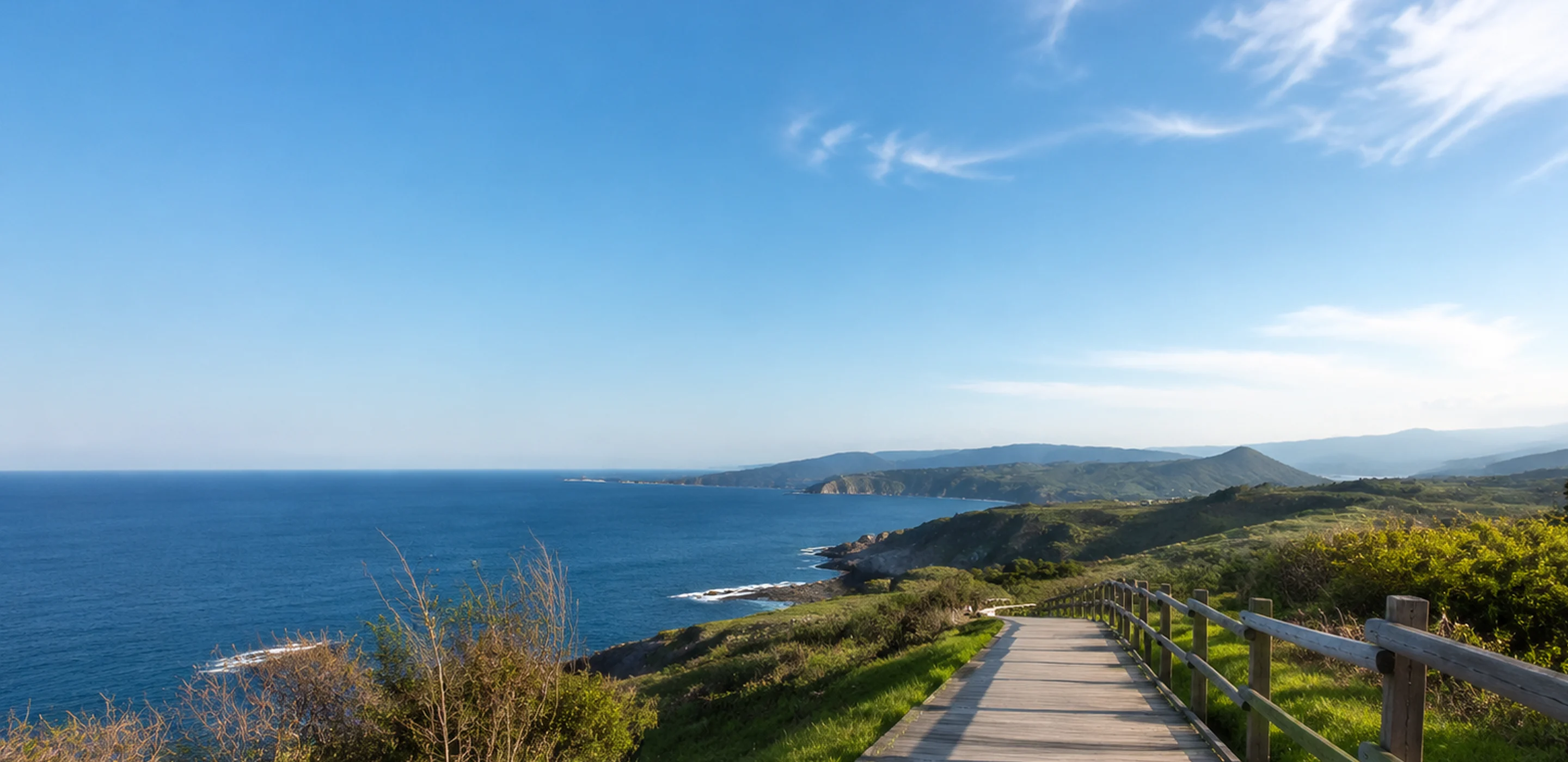 Coastal walking path under a blue sky