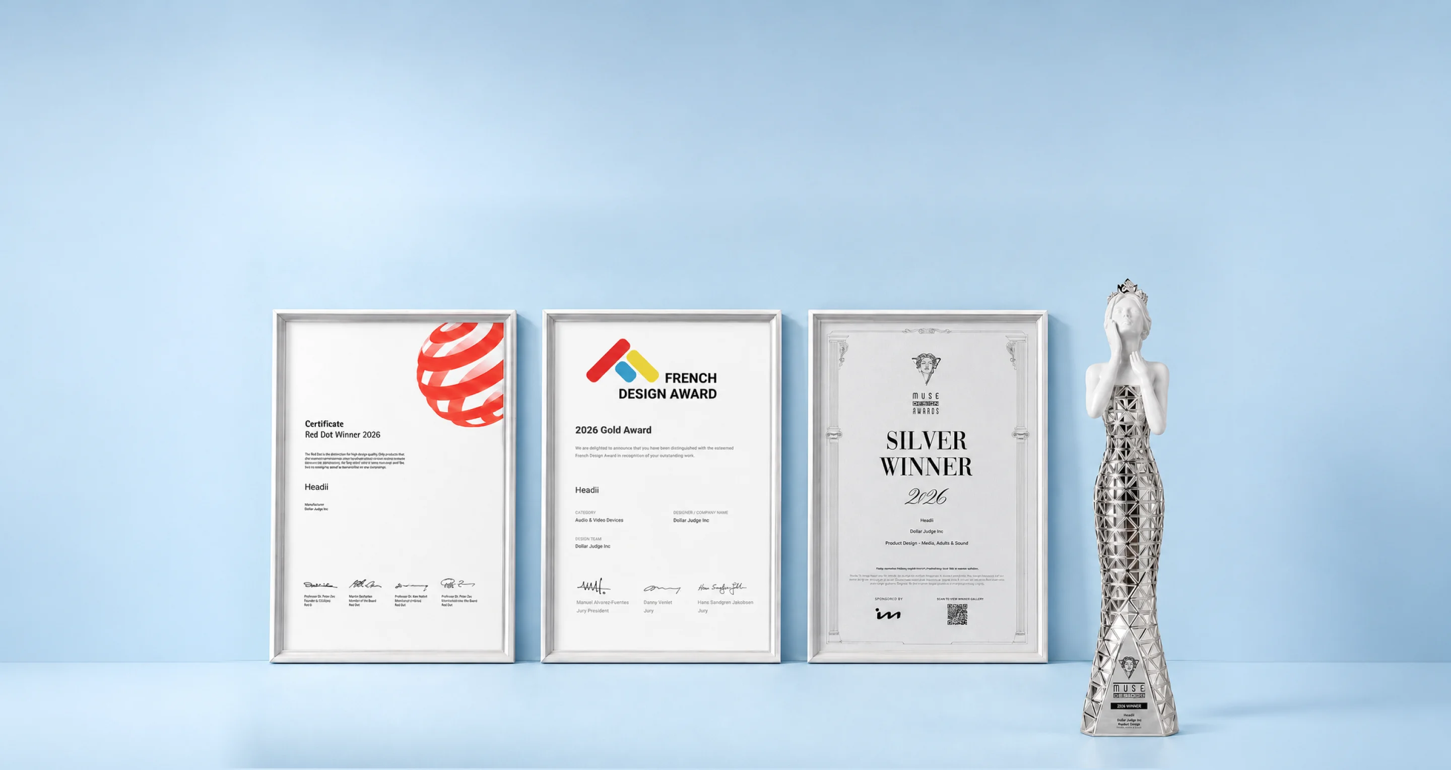 Award certificates and Muse Design Awards trophy