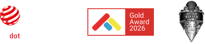 Red Dot, Gold Award 2026, and Muse Design Awards badges